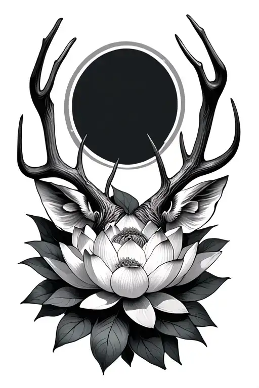 deer antlers intertwined lotus flowers tattoo design idea