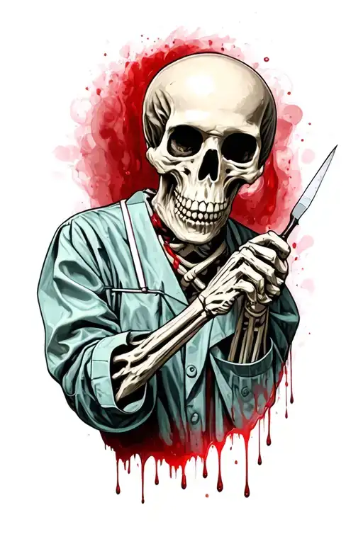 Skeleton in surgeons gowns holding a scalpel dripping blood tattoo design idea