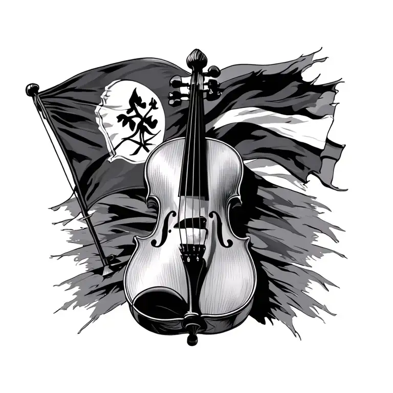 Generate an image that serves as a sketch for a realistic tattoo, in which a violin appears and the gypsy flag of tattoo design idea