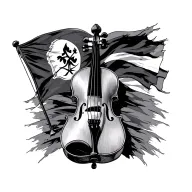 Generate an image that serves as a sketch for a realistic tattoo, in which a violin appears and the gypsy flag of tattoo design idea