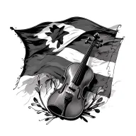 Generate an image that serves as a sketch for a realistic tattoo, in which a violin appears and the gypsy flag of tattoo design idea