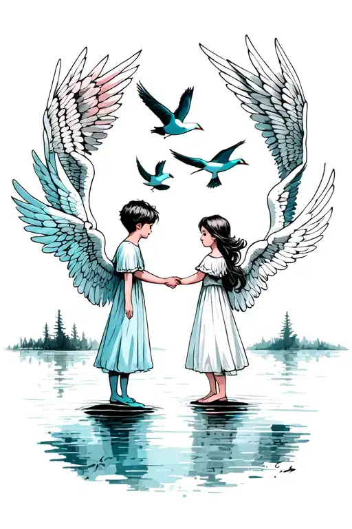 chikd boy girl angels holding hands towards lake with four birds flying above tattoo design idea