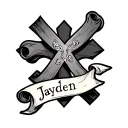 cross with a scroll around it that says Jayden  tattoo design idea
