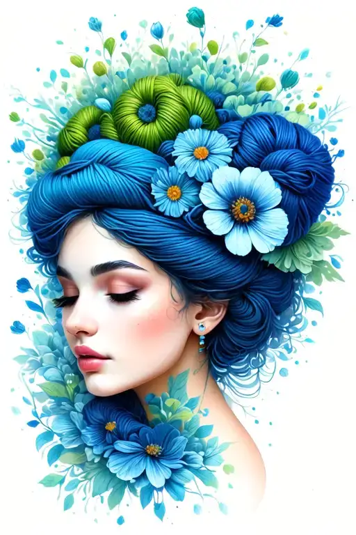 side profile of female face with yarn exploding from top of head. surrounded by flowers, predominantly blue and green. tattoo design idea