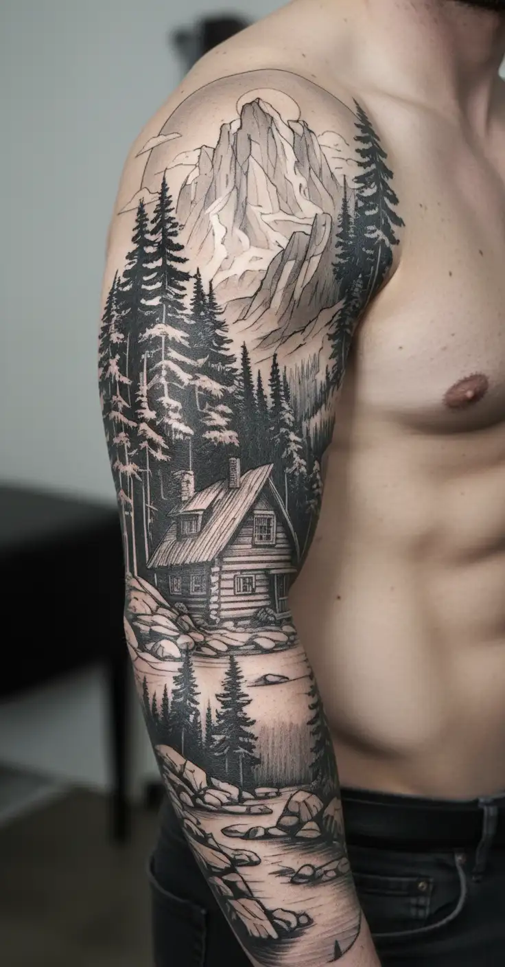 A detailed log cabin in the mountains surrounded by pine trees and a flowing river with a hiking trail. tattoo design idea
