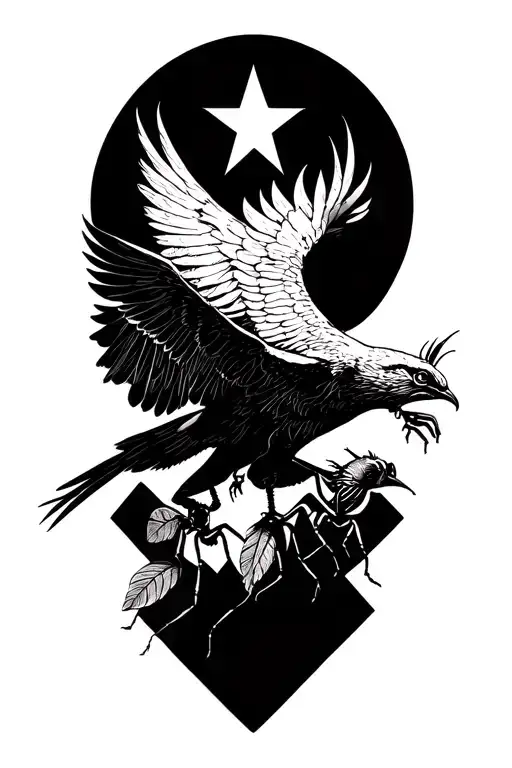 a phoenix flying under a philant star brings a leaf of lorium in its beak to a single ant tattoo design idea