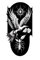 a phoenix flying under a philant star brings a leaf of lorium in its beak to a single ant tattoo design idea