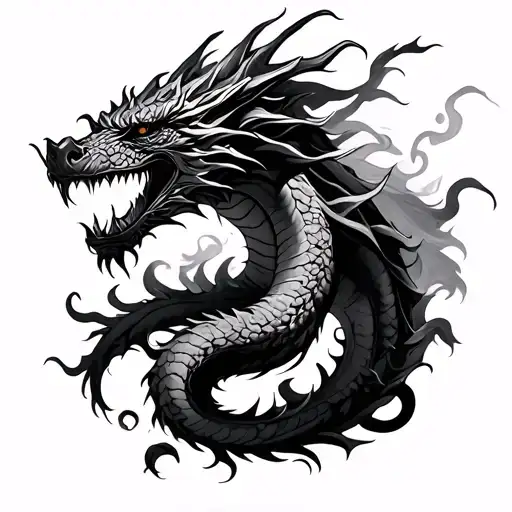 dragon smokey effect with knife intertwined tattoo design idea