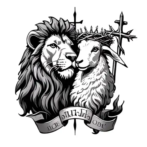 lion of Judah and a lamb with a crown of thorns with the cross between them tattoo design idea