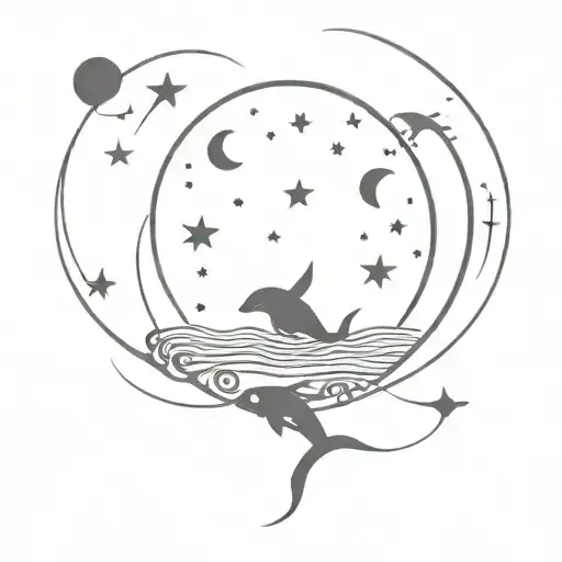 A mystical underwater scene featuring animals from the ocean surrounded by sun, moon, and stars in black and grey tones tattoo design idea