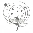 A mystical underwater scene featuring animals from the ocean surrounded by sun, moon, and stars in black and grey tones tattoo design idea