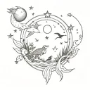 A mystical underwater scene featuring animals from the ocean surrounded by sun, moon, and stars in black and grey tones tattoo design idea