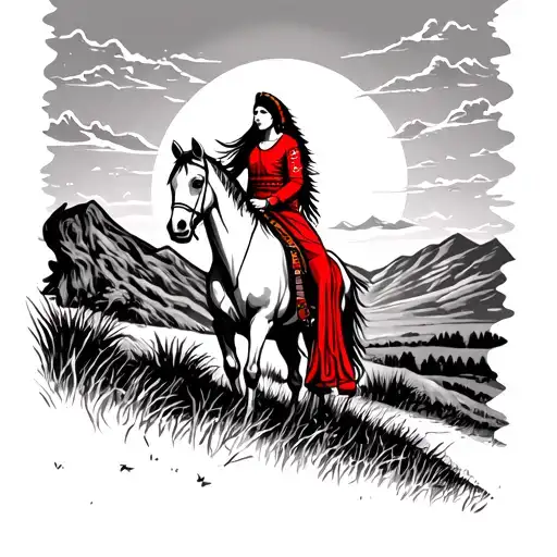 red indian girl riding horse on mountains sunset sky tattoo design idea