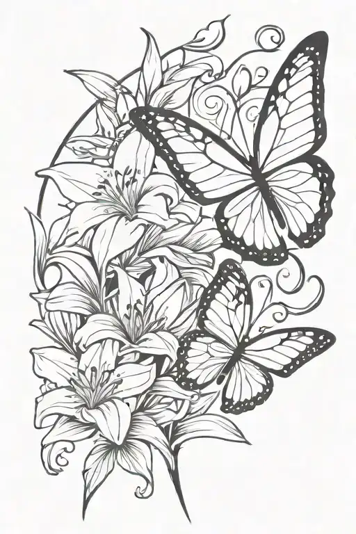 lillies butterfly amd fairy peeking tattoo design idea