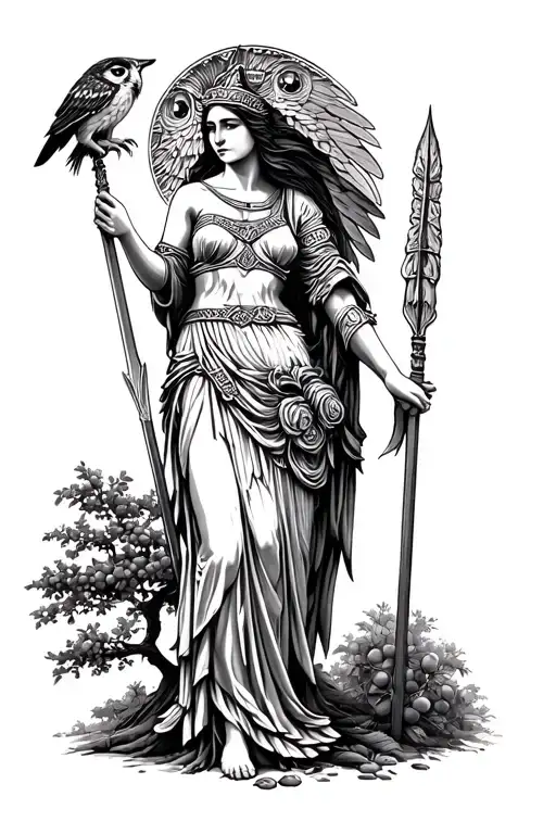 Athena greek goddess, with a owl, spear and olive tree. in black and white, tattoo design idea