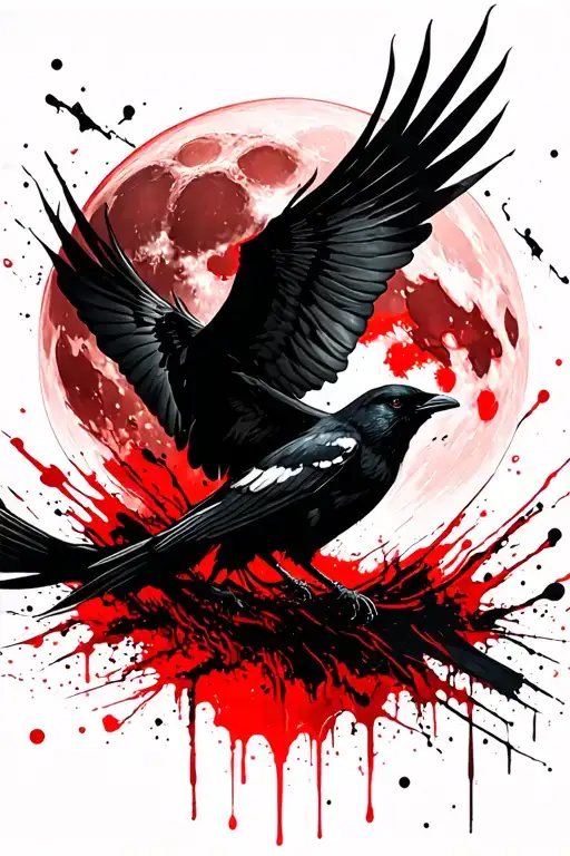 blood moon and flying crow tattoo design idea