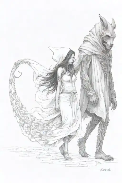 a girl and a huge hooded beast walking side by side holding hands tattoo design idea