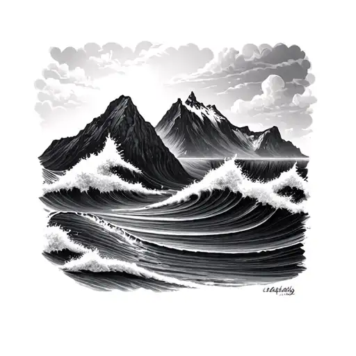 mountain ocean waves tattoo design idea
