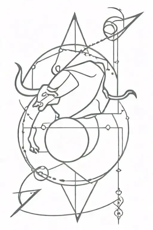 Taurus Symbol representing identity, Earth Element Symbol grounding, Navigational Arrows guiding path, Astrological Symbols intertwined, Journey Representation of strength, in a Bold Minimalism style tattoo design idea