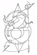 Taurus Symbol representing identity, Earth Element Symbol grounding, Navigational Arrows guiding path, Astrological Symbols intertwined, Journey Representation of strength, in a Bold Minimalism style tattoo design idea