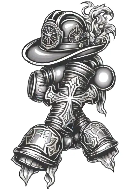 boxing gloves and cross and firefighter helmet tattoo design idea