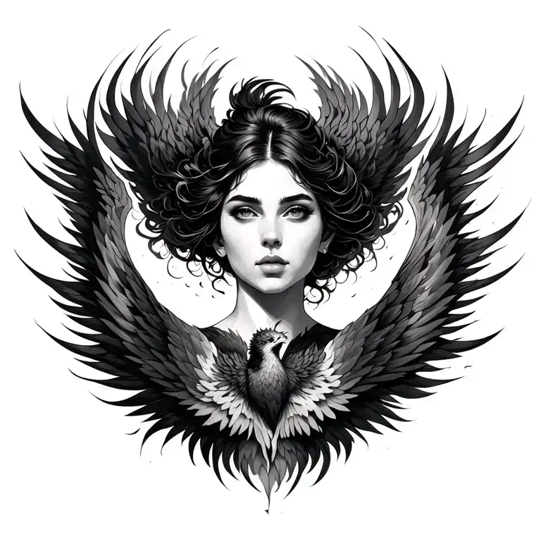 beautiful woman facing forward with face lifted to the sky tranforming into a phoenix tattoo design idea