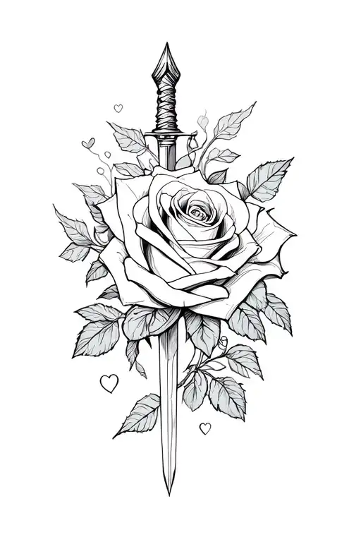 roses, hearts and daggers tattoo design idea