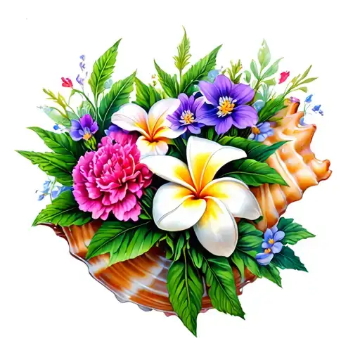 conch shell with plumeria and carnations and cosmos growing inside tattoo design idea