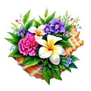 conch shell with plumeria and carnations and cosmos growing inside tattoo design idea