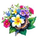 conch shell with plumeria and carnations and cosmos growing inside tattoo design idea