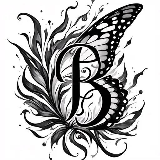 INFP, butterfly, a cursive letter B ,fire, reborn, love, beauty, black and white tattoo design idea