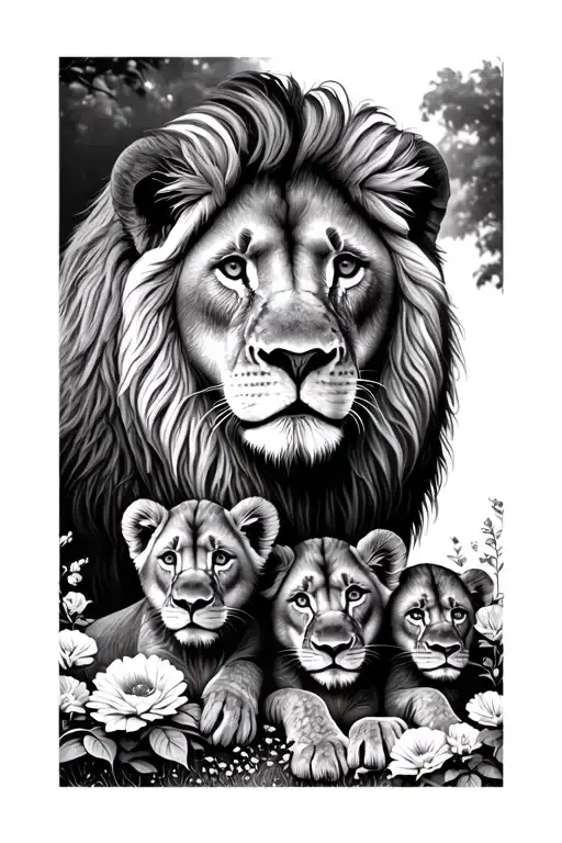lion with 3 lion cubs flowers tattoo design idea