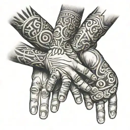 parents with their 3 boys holding hands tattoo design idea