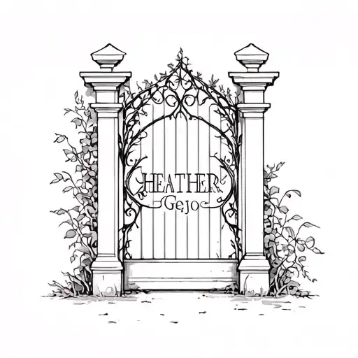 A sketch style tattoo of a garden gate with the names 'Heather' and 'Gejo' intertwined in the vines tattoo design idea