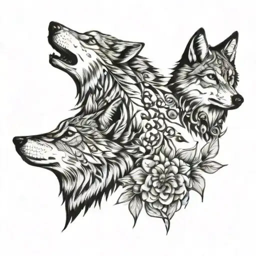 two symmetrical wolves on back with motifs, jewels, branches and flowers tattoo design idea