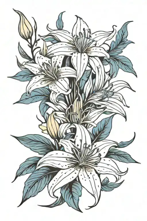 Sleeve with the White spider lily, Golden or yellow spider lily, Blue spider lily, and a Black spiderlily tattoo design idea