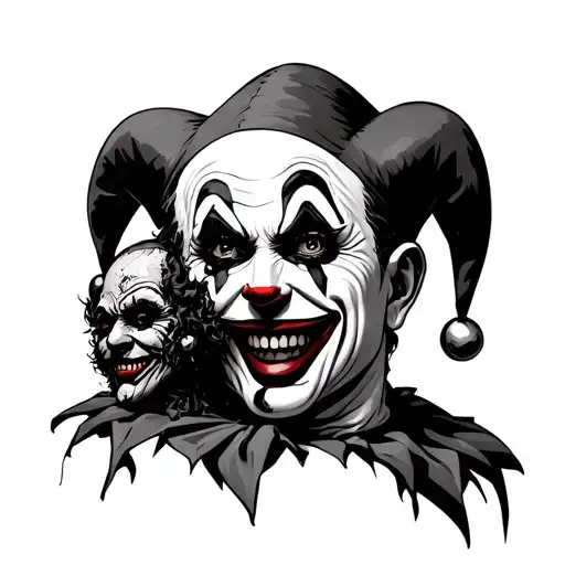 Dark court jester holding the ripped off head of a clown tattoo design idea