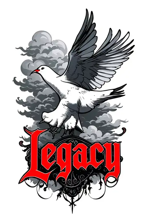 clouds with legacy in gothic red lettering with dove below tattoo design idea