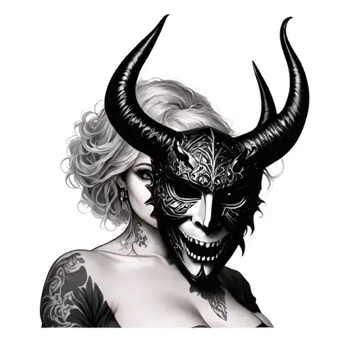 Dark gothic tattoo, upper arm above elbow, woman from shoulders up, holding a devil mask covering half her face, intense tattoo design idea