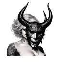 Dark gothic tattoo, upper arm above elbow, woman from shoulders up, holding a devil mask covering half her face, intense tattoo design idea