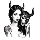 Dark gothic tattoo, upper arm above elbow, woman from shoulders up, holding a devil mask covering half her face, intense tattoo design idea