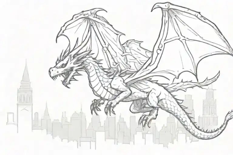 simple dragon flying over medeival city skyline tattoo design idea