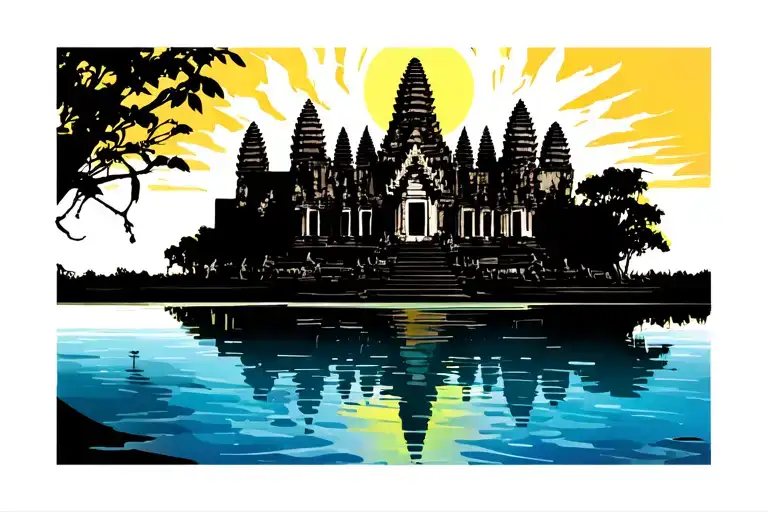 Angkor Wat Temple, sun rising above, water in front tattoo design idea