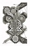 Can you draw a person holding weapons trying to destroy the gates of heaven? He is exhausted and trying to get revenge.  tattoo design idea