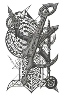 Can you draw a person holding weapons trying to destroy the gates of heaven? He is exhausted and trying to get revenge.  tattoo design idea