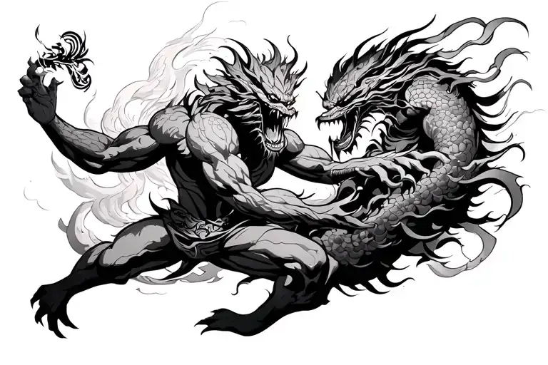black and gray linework Susanoo battling Yamata-no-Orochi tattoo design idea
