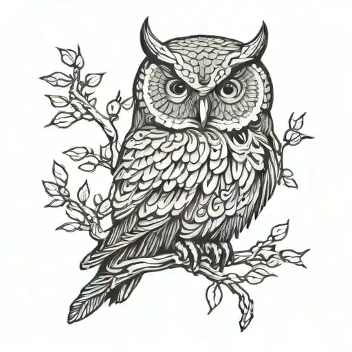 owl perched on a branch tattoo design idea