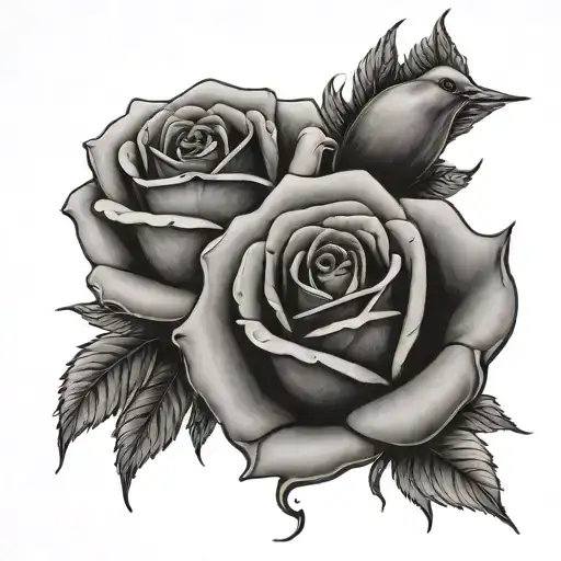 3 roses united, with a poster of Angie Meliza, a dove passes by and the heavenly light is seen between the clouds tattoo design idea