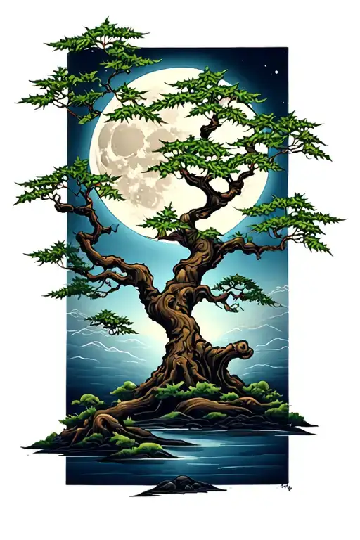 Japanese maple tree and moon tattoo design idea