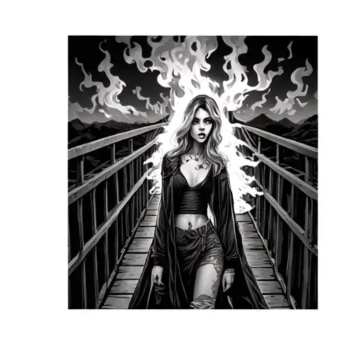 hot girl crossing burning bridge tattoo design idea